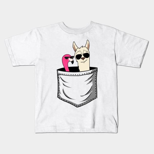 Flamingo And Llama In Pocket Funny Kids T-Shirt by Margaretsantana